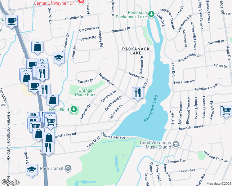 map of restaurants, bars, coffee shops, grocery stores, and more near 58 Chestnut Drive in Wayne