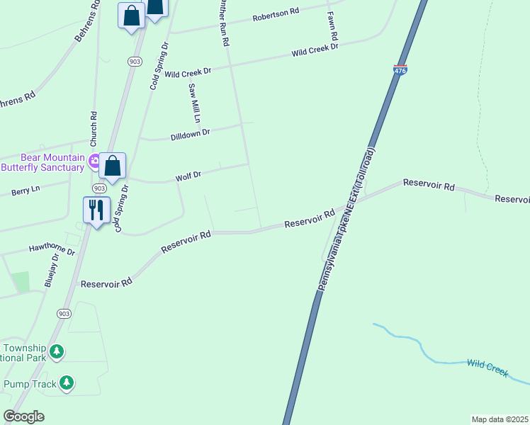 map of restaurants, bars, coffee shops, grocery stores, and more near 219 Panther Run Road in Jim Thorpe