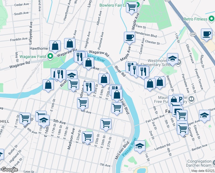 map of restaurants, bars, coffee shops, grocery stores, and more near 29 East 25th Street in Paterson