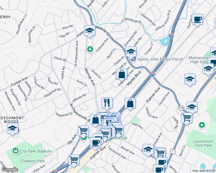 map of restaurants, bars, coffee shops, grocery stores, and more near 54 Edgewood Avenue in Larchmont