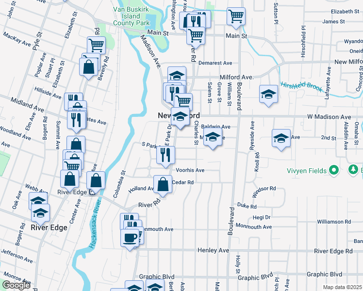 map of restaurants, bars, coffee shops, grocery stores, and more near 465 River Road in New Milford
