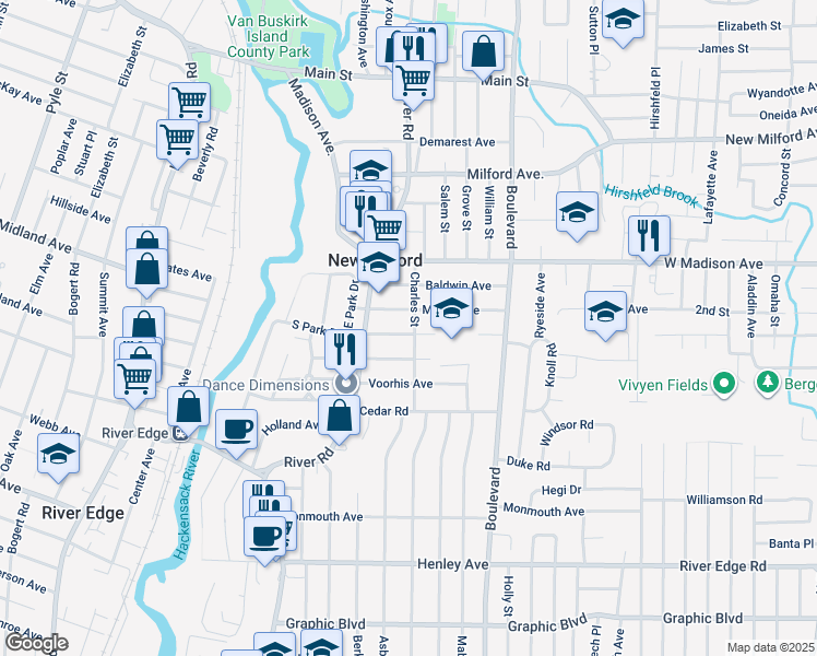 map of restaurants, bars, coffee shops, grocery stores, and more near 454 Charles Street in New Milford