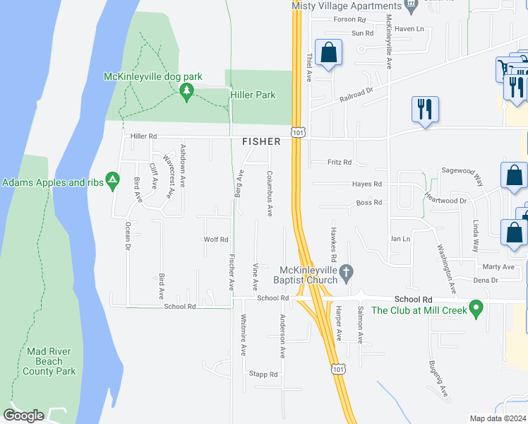 map of restaurants, bars, coffee shops, grocery stores, and more near 1807 Columbus Avenue in McKinleyville