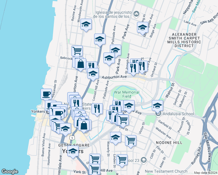 map of restaurants, bars, coffee shops, grocery stores, and more near in Yonkers