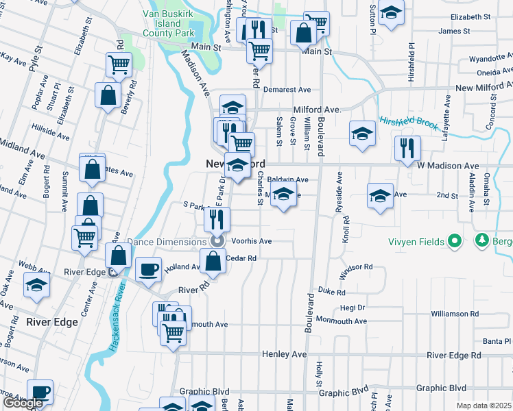 map of restaurants, bars, coffee shops, grocery stores, and more near 454 Charles Street in New Milford