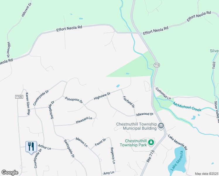 map of restaurants, bars, coffee shops, grocery stores, and more near 2585 Highview Drive in Brodheadsville