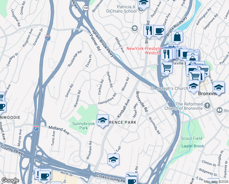 map of restaurants, bars, coffee shops, grocery stores, and more near 120 Hampshire Road in Yonkers