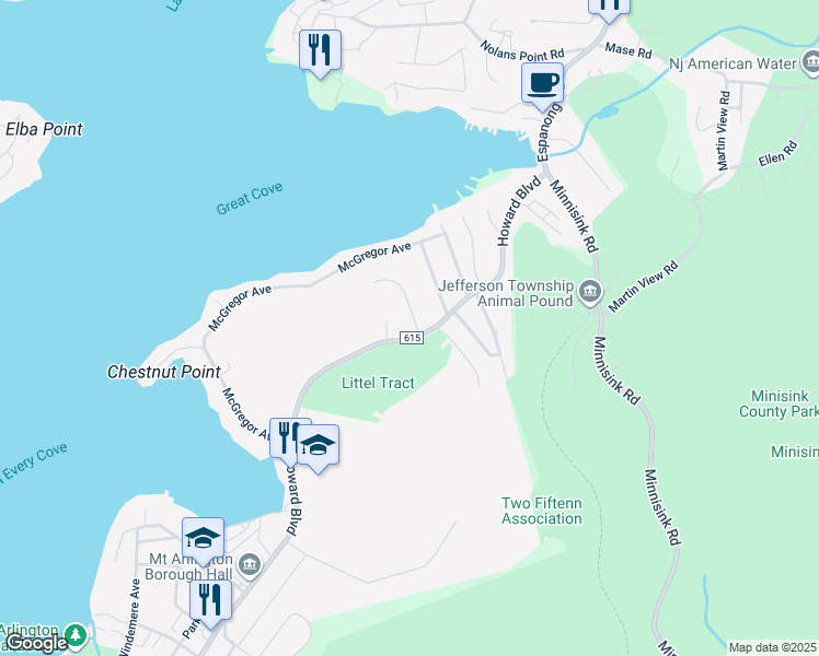 map of restaurants, bars, coffee shops, grocery stores, and more near 1 Hover Drive in Mount Arlington