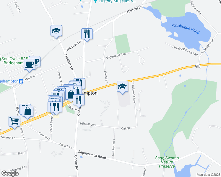 map of restaurants, bars, coffee shops, grocery stores, and more near 2635 Montauk Highway in East Hampton