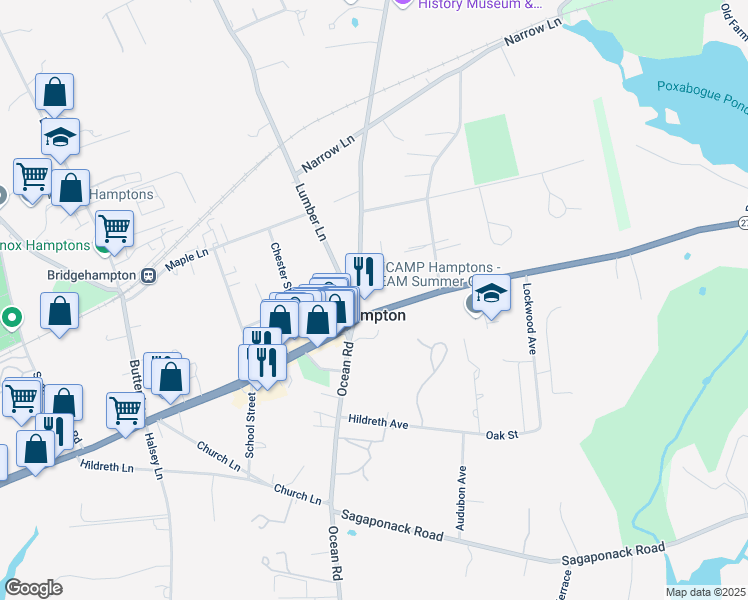 map of restaurants, bars, coffee shops, grocery stores, and more near 2546 Montauk Highway in Bridgehampton
