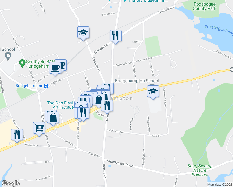 map of restaurants, bars, coffee shops, grocery stores, and more near 2546 Montauk Highway in Bridgehampton