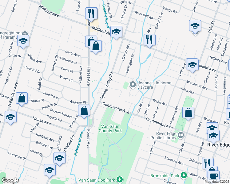 map of restaurants, bars, coffee shops, grocery stores, and more near 341 Ellen Place in Paramus