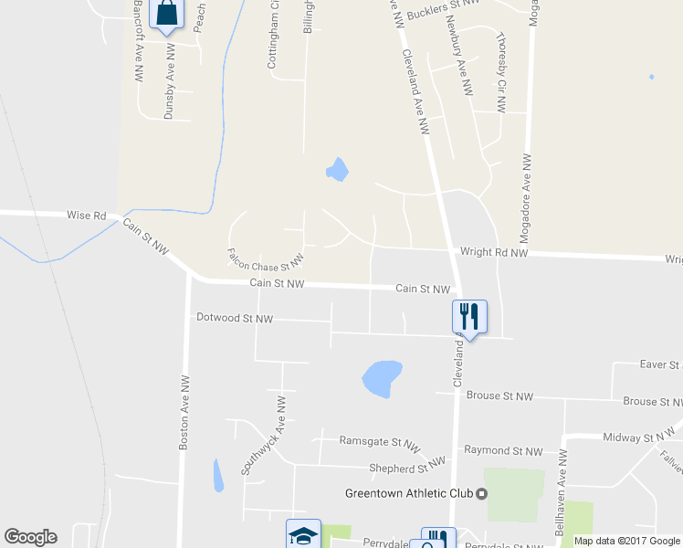 map of restaurants, bars, coffee shops, grocery stores, and more near 3435 Cain Street Northwest in North Canton
