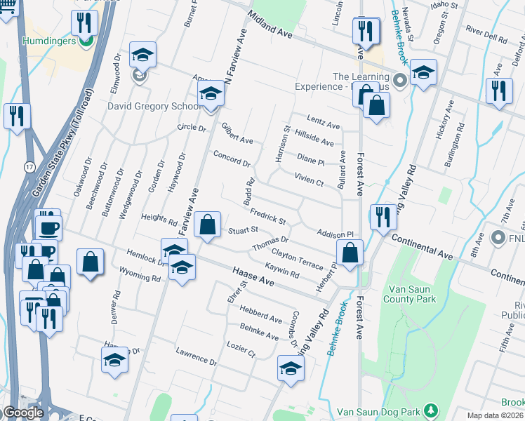 map of restaurants, bars, coffee shops, grocery stores, and more near 222 Fredrick Street in Paramus