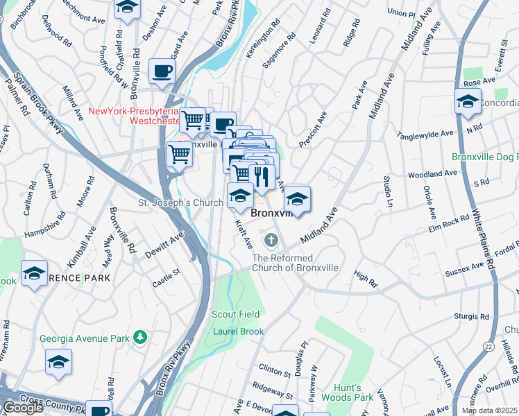 map of restaurants, bars, coffee shops, grocery stores, and more near in Bronxville