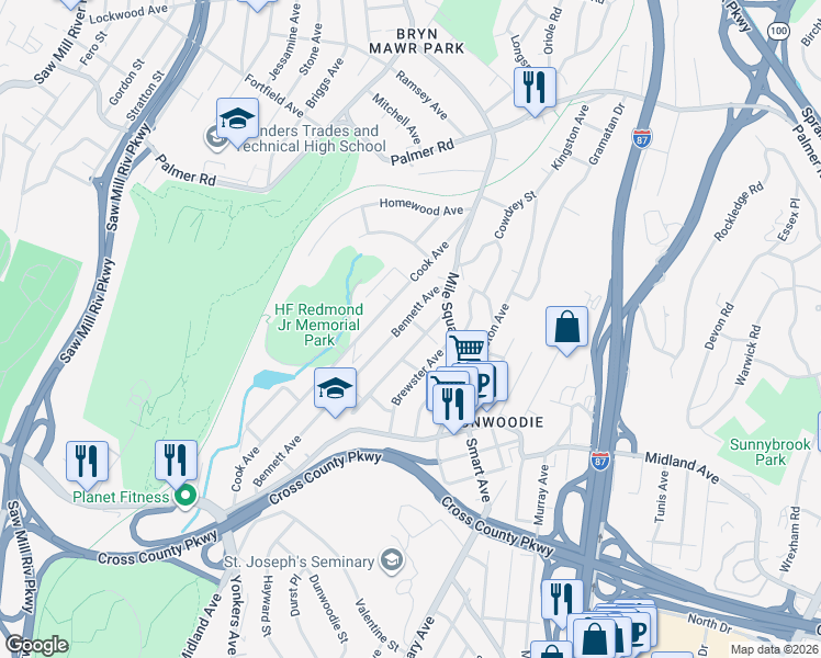 map of restaurants, bars, coffee shops, grocery stores, and more near 24 Ashford Place in Yonkers
