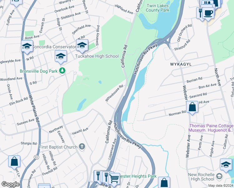 map of restaurants, bars, coffee shops, grocery stores, and more near 629 California Road in Bronxville