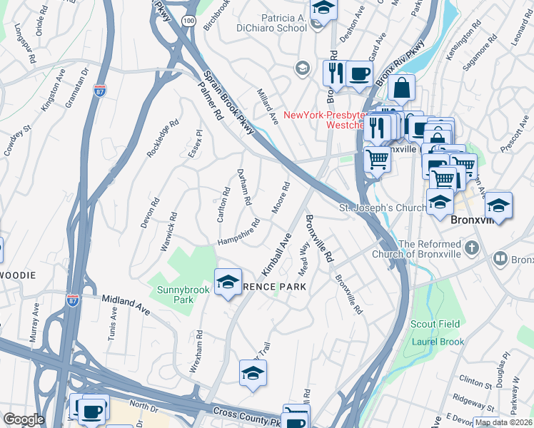 map of restaurants, bars, coffee shops, grocery stores, and more near 120 Hampshire Road in Yonkers