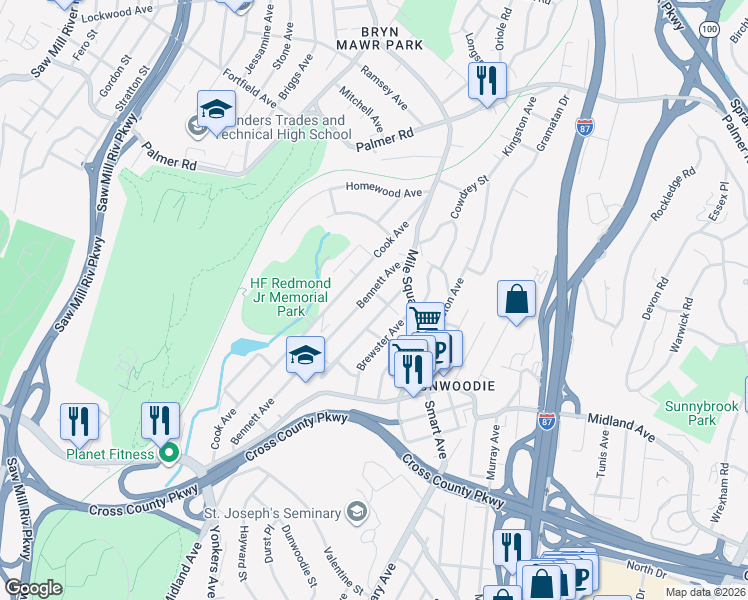 map of restaurants, bars, coffee shops, grocery stores, and more near 24 Ashford Place in Yonkers