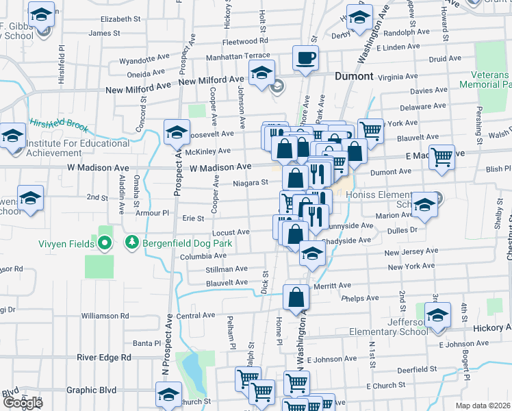 map of restaurants, bars, coffee shops, grocery stores, and more near 28 Erie Street in Dumont