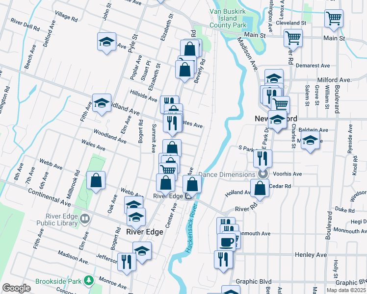 map of restaurants, bars, coffee shops, grocery stores, and more near 60 Christie Avenue in River Edge