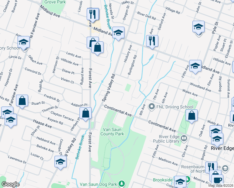 map of restaurants, bars, coffee shops, grocery stores, and more near 341 Ellen Place in Paramus
