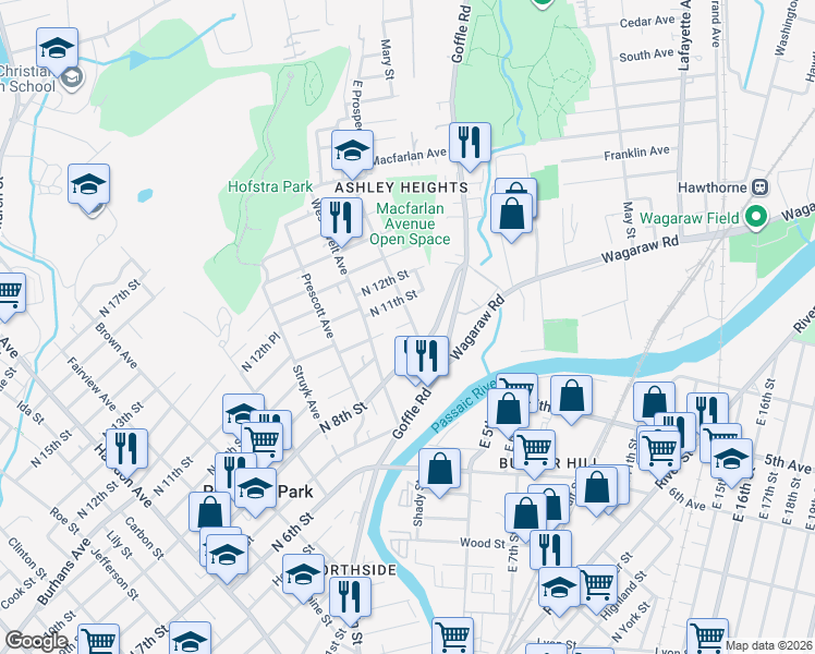 map of restaurants, bars, coffee shops, grocery stores, and more near 64 North 8th Street in Hawthorne
