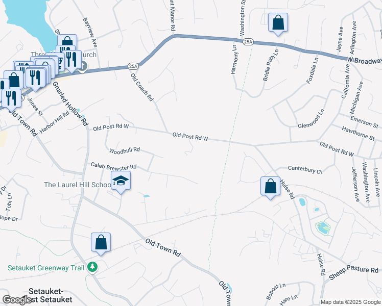 map of restaurants, bars, coffee shops, grocery stores, and more near 52 Old Post Road in Setauket- East Setauket