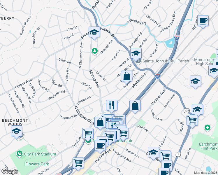 map of restaurants, bars, coffee shops, grocery stores, and more near 54 Edgewood Avenue in Larchmont