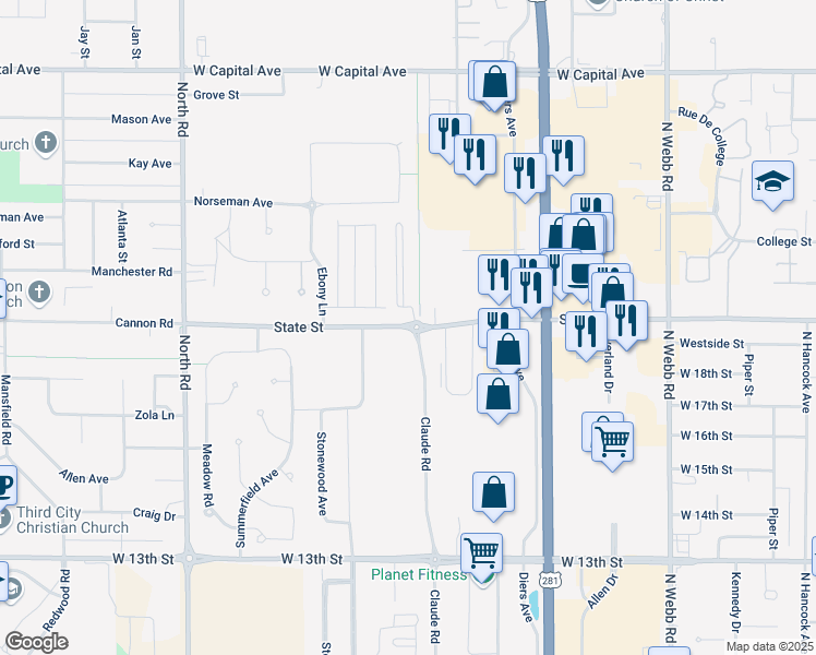 map of restaurants, bars, coffee shops, grocery stores, and more near 3695 West State Street in Grand Island