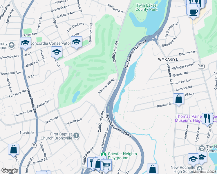 map of restaurants, bars, coffee shops, grocery stores, and more near 629 California Road in Bronxville