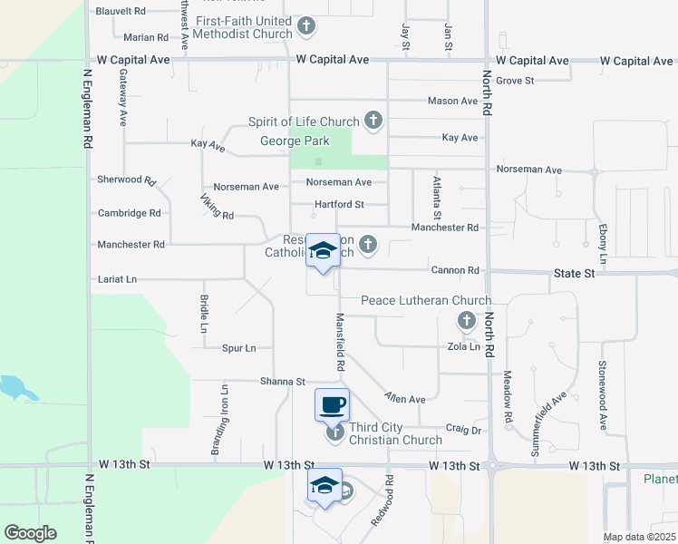 map of restaurants, bars, coffee shops, grocery stores, and more near 1812 Mansfield Road in Grand Island