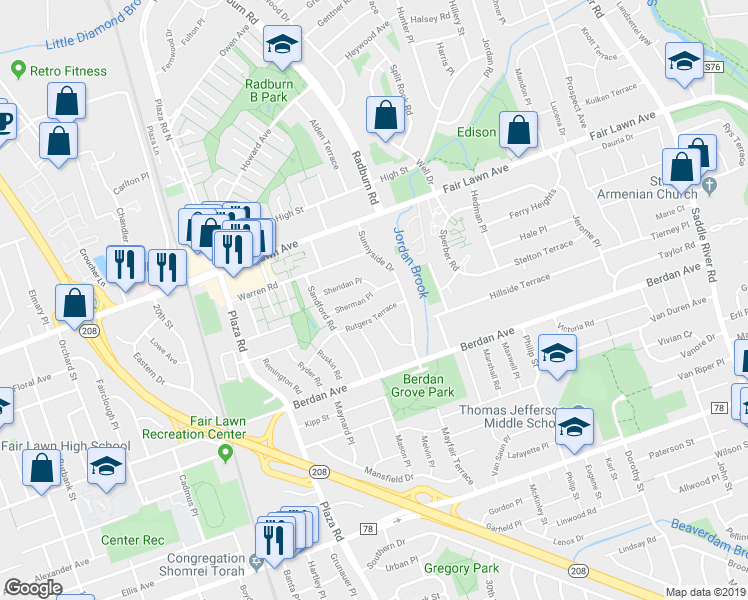map of restaurants, bars, coffee shops, grocery stores, and more near 28-20 Sherman Place in Fair Lawn