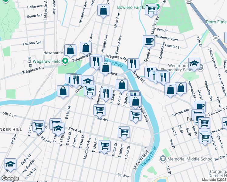 map of restaurants, bars, coffee shops, grocery stores, and more near 62 East 24th Street in Paterson