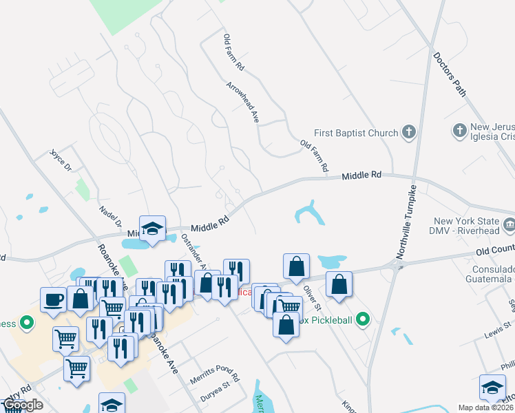 map of restaurants, bars, coffee shops, grocery stores, and more near 455 Middle Road in Riverhead