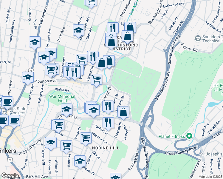 map of restaurants, bars, coffee shops, grocery stores, and more near 450 Walnut Street in Yonkers