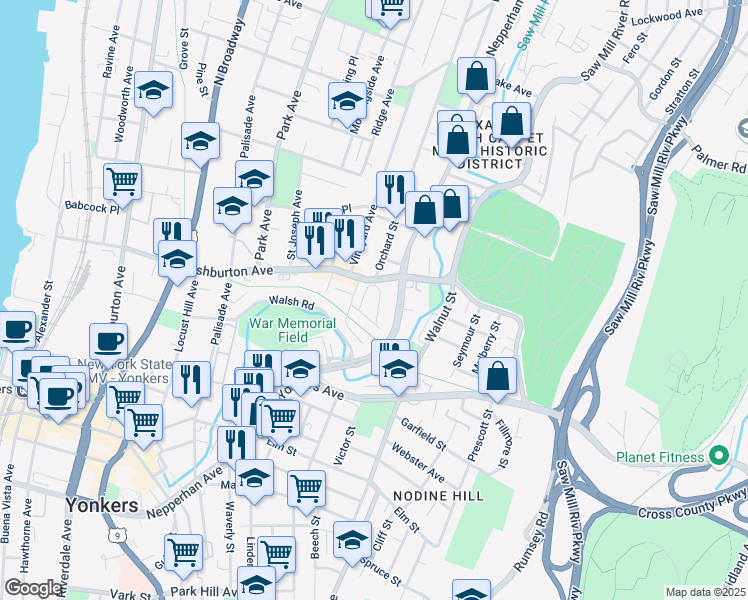 map of restaurants, bars, coffee shops, grocery stores, and more near 29 McFadden Circle in Yonkers