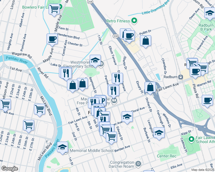 map of restaurants, bars, coffee shops, grocery stores, and more near 15-23 George Street in Fair Lawn