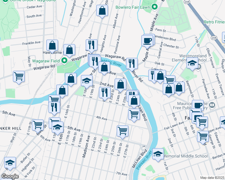 map of restaurants, bars, coffee shops, grocery stores, and more near 62 East 24th Street in Paterson