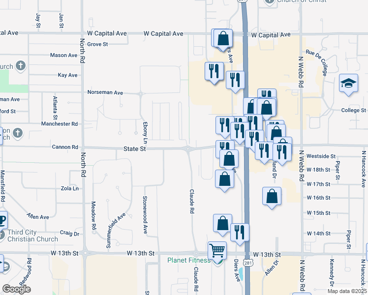 map of restaurants, bars, coffee shops, grocery stores, and more near 3695-3899 West State Street in Grand Island
