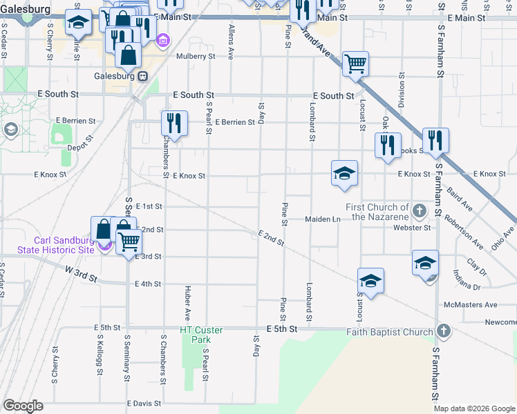 map of restaurants, bars, coffee shops, grocery stores, and more near East 1st Street in Galesburg