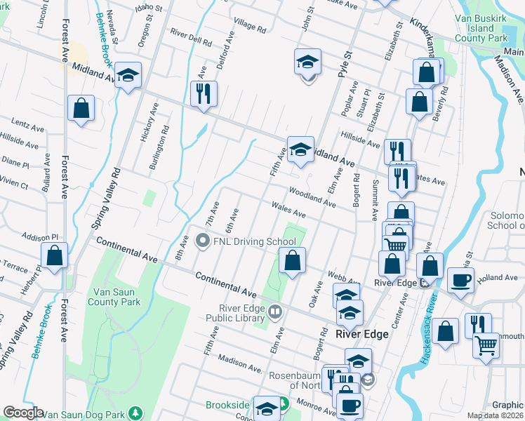 map of restaurants, bars, coffee shops, grocery stores, and more near 795 Millbrook Road in River Edge