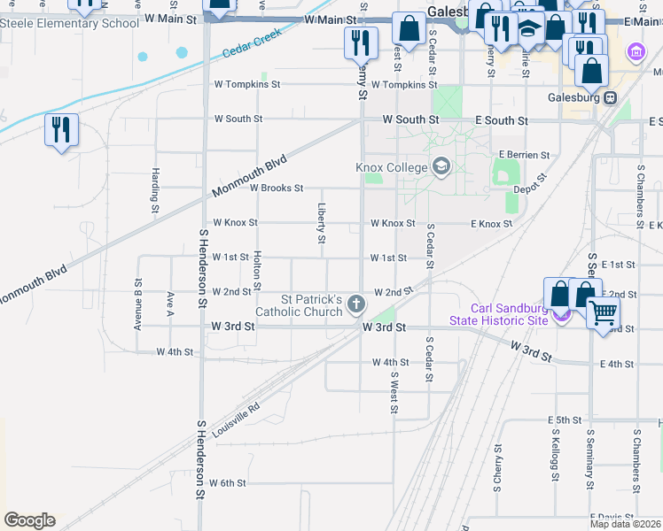 map of restaurants, bars, coffee shops, grocery stores, and more near 700-798 Liberty Street in Galesburg