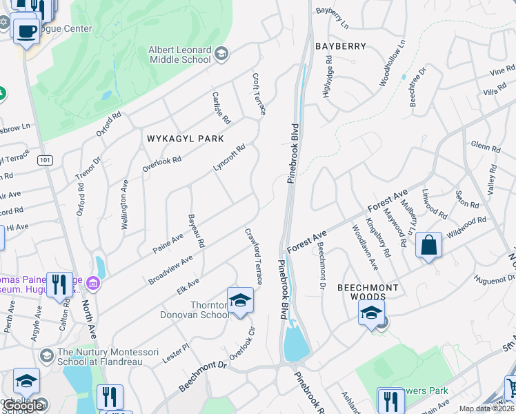 map of restaurants, bars, coffee shops, grocery stores, and more near 311 Lyncroft Road in New Rochelle