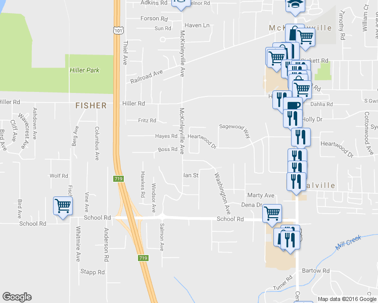 map of restaurants, bars, coffee shops, grocery stores, and more near Maplewood Drive in McKinleyville