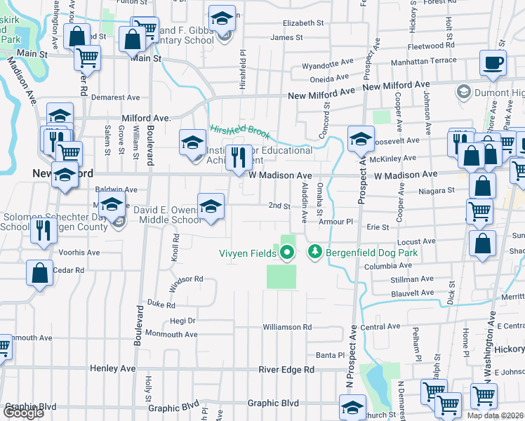 map of restaurants, bars, coffee shops, grocery stores, and more near 59 Spring Drive in Dumont