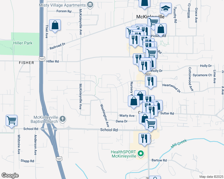 map of restaurants, bars, coffee shops, grocery stores, and more near 1810 Linda Way in McKinleyville