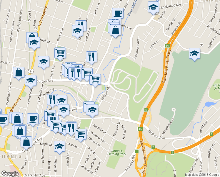 map of restaurants, bars, coffee shops, grocery stores, and more near 450 Walnut Street in Yonkers