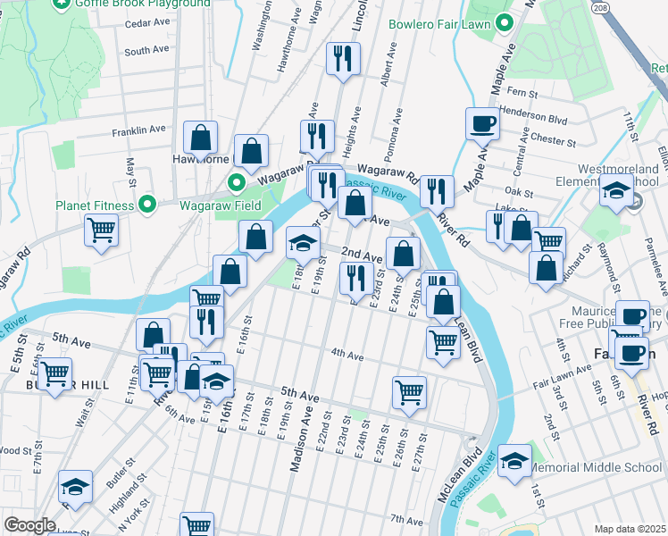 map of restaurants, bars, coffee shops, grocery stores, and more near 76 Madison Avenue in Paterson