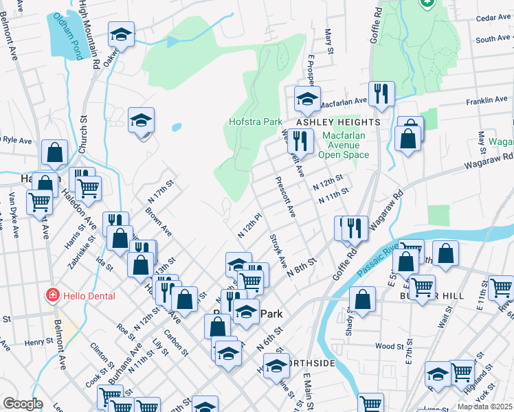 map of restaurants, bars, coffee shops, grocery stores, and more near 253 North 12th Place in Prospect Park
